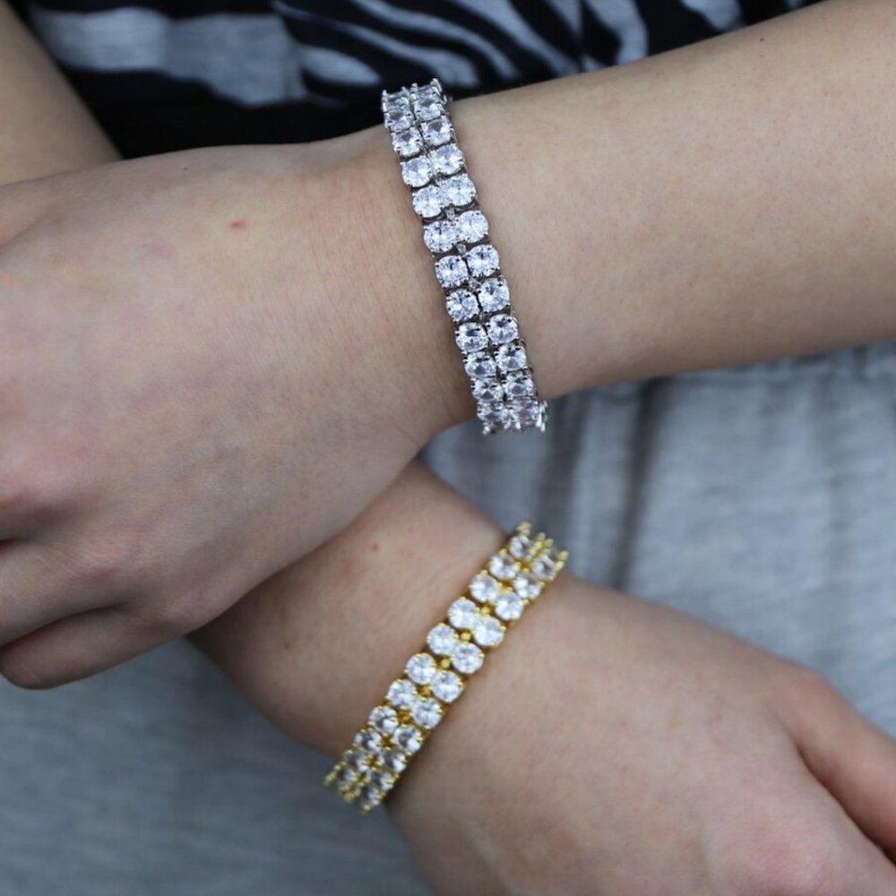 Diamond CZ Double Row 10mm Tennis Bracelet I Gold + Silver Tennis Bracelet 127 - Picture 3 of 12